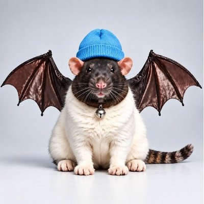 FatCatBatRatWifHat wearing a blue beanie and bat wings